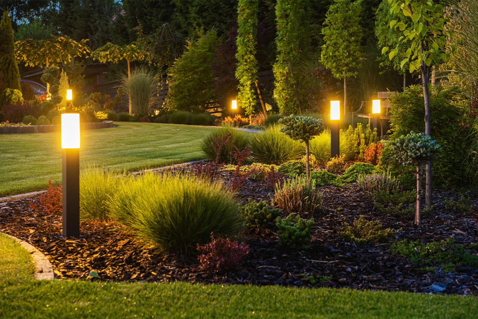 Garden pathway with outdoor lighting