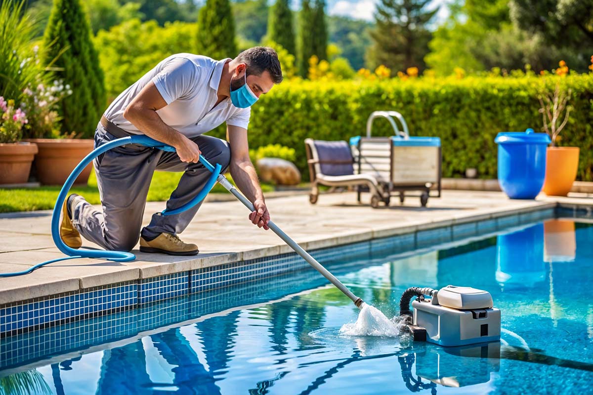 Technician cleaning a swimming pool