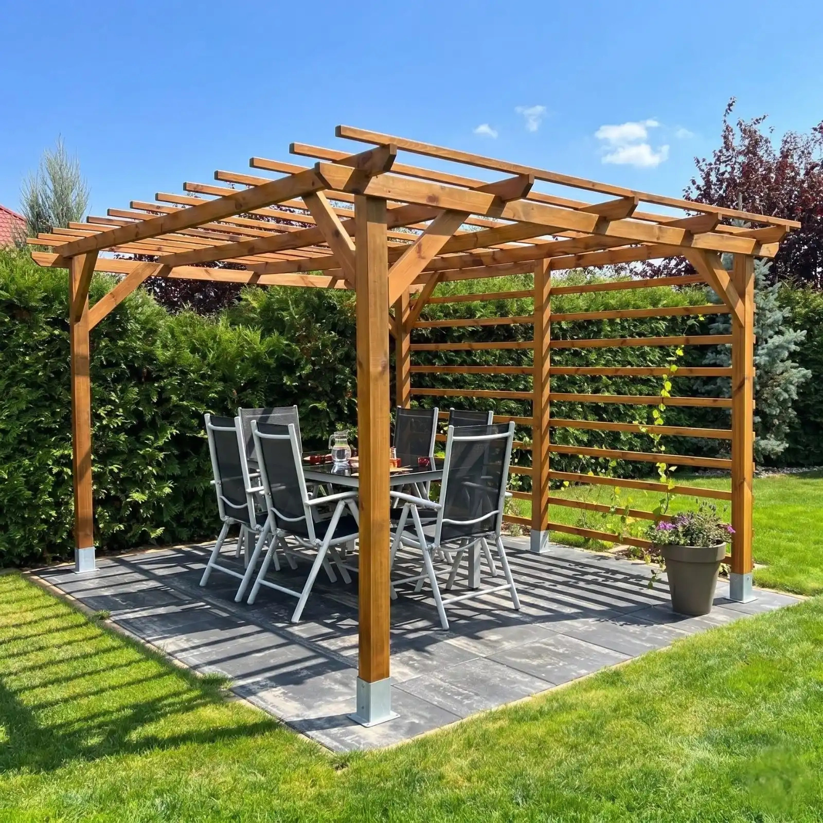 Wooden pergola over an outdoor dining area